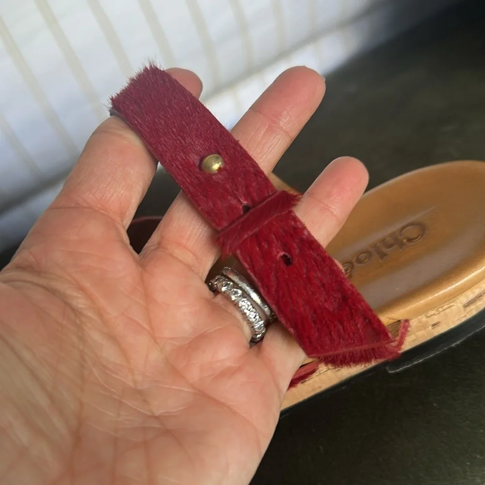 Chloe deep red pony hair sandals size 36